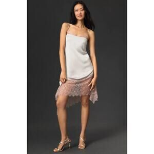 Anthropologie Asymmetrical Hem Lace Trim Silky Cami Midi Dress Silver Argent